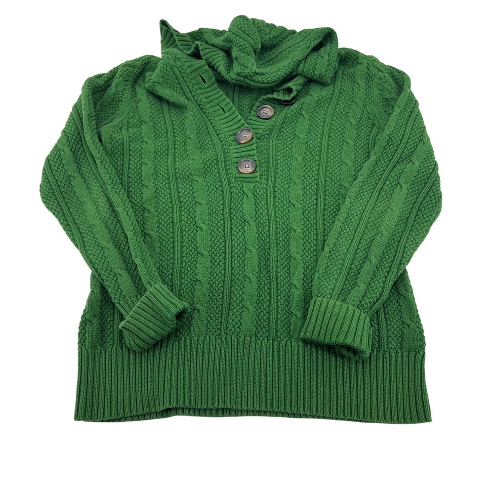 Old Navy Green Cable Knit‎ Sweater W/ Button Collar Women's Medium hooded